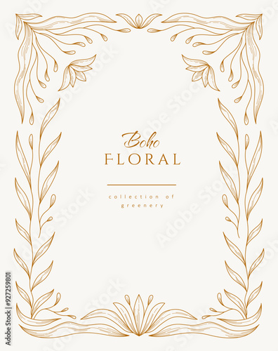Retro floral frame or cover. Botanic design elements in wavy and naive style. Boho leaves branches and blooming print for poster, social media and packaging or greeting card. Vector illustration