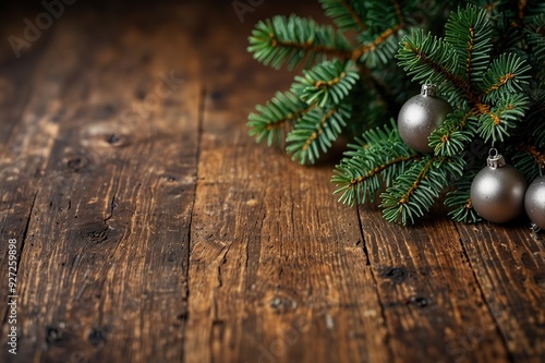 New Year's background. Spruce branches on a wooden table. Ornaments for the New Year tree. Christmas concept