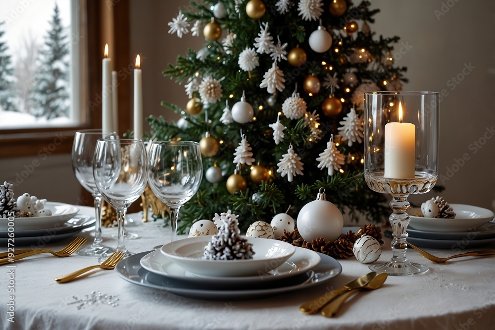 new year's eve christmas tree table setting christmas decor winter snow new year's eve christmas tree table setting christmas decor winter snow