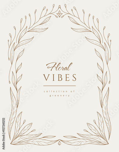 Retro floral frame or cover. Botanic design elements in wavy and naive style. Boho leaves branches and blooming print for poster, social media and packaging or greeting card. Vector illustration