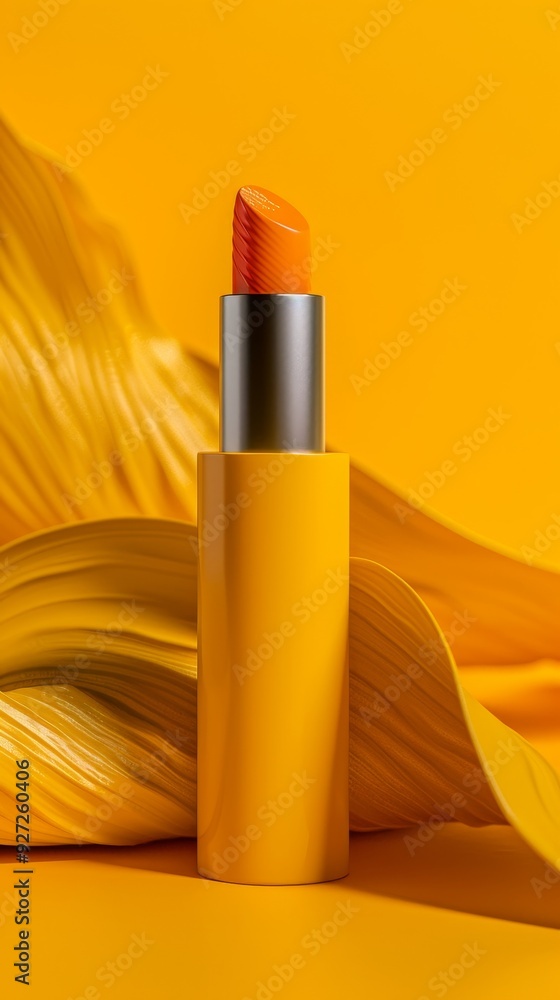A yellow lipstick is placed on a yellow background A yellow lipstick is placed on a yellow background
