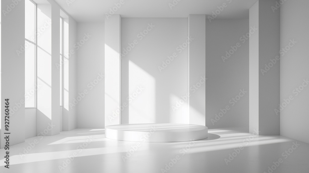 Fototapeta premium White clean empty 3D space room studio background with podium to display products minimalistic interior.