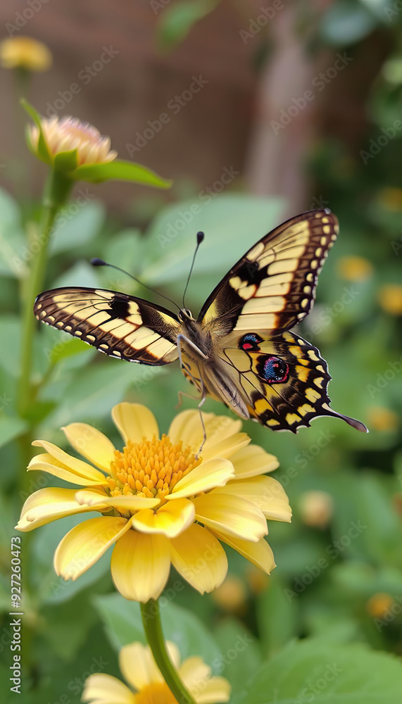 A butterfly is sitting on a yellow flower A butterfly is sitting on a yellow flower