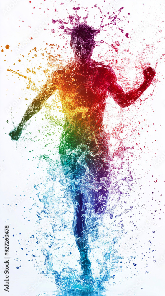 vibrant silhouette of runner splashing through colorful water, creating dynamic and energetic scene. rainbow hues add sense of joy and movement vibrant silhouette of runner splashing through colorful water, creating dynamic and energetic scene. rainbow hues add sense of joy and movement
