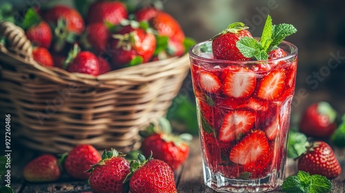 Mint drink by berries. Focus.