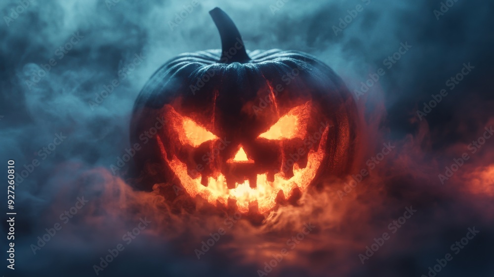 Jack-o'-Lantern's Eerie Glow: A menacingly carved pumpkin illuminates the smoky darkness with an infernal orange glow, setting a spooky Halloween scene. Jack-o'-Lantern's Eerie Glow: A menacingly carved pumpkin illuminates the smoky darkness with an infernal orange glow, setting a spooky Halloween scene.