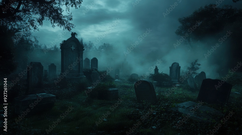 Eerie Cemetery in the Mist: A haunting image of a graveyard shrouded in a thick, mysterious fog, with ancient tombstones disappearing into the darkness. The scene evokes a sense of melancholy. Eerie Cemetery in the Mist: A haunting image of a graveyard shrouded in a thick, mysterious fog, with ancient tombstones disappearing into the darkness. The scene evokes a sense of melancholy.