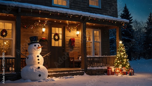 porch of the house with Christmas decorations and snowman 