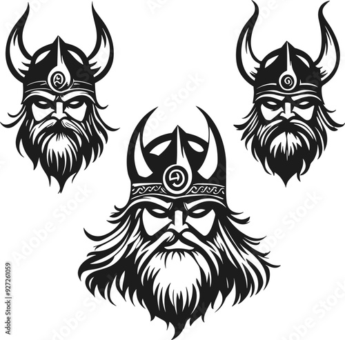 Viking Face Vector Collection. Black and White Cartoon Logos, Icons, and Symbols - Vector Art on White Background