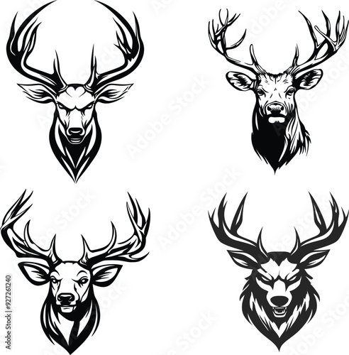 Vector Collection of Deer Head Silhouettes: Black and White Illustrations of Wild Deer, Reindeer, Logos, Icons, and Symbols in Cartoon Style on a White Background.