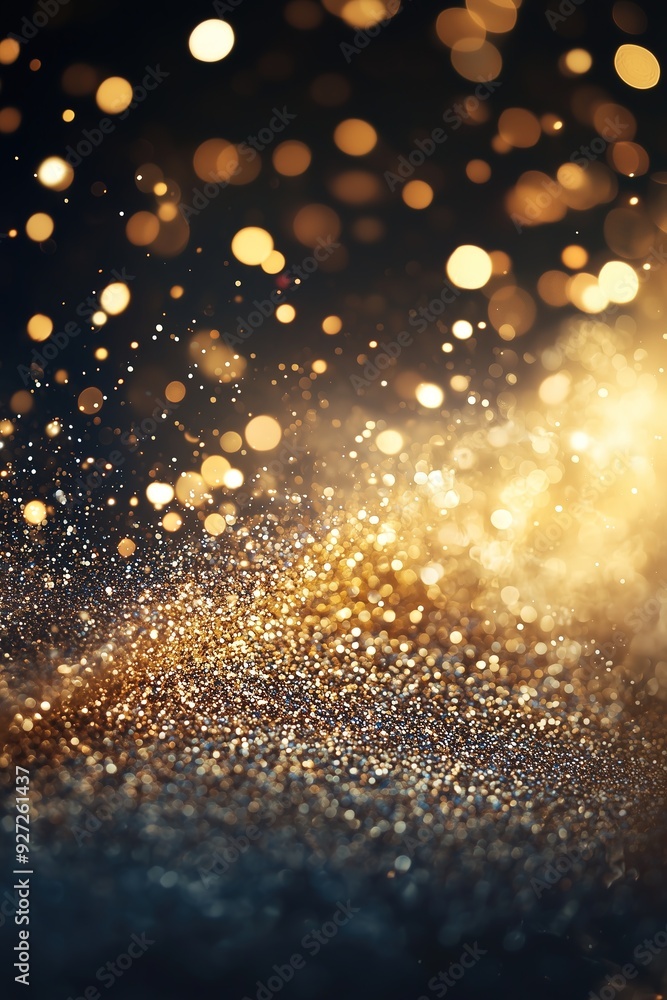 Obraz premium Abstract golden and white bokeh lights sparkle against a dark background, creating a festive and magical atmosphere.
