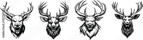 Stylized Deer Head Vector Collection. Wild Deer and Reindeer Illustrations in Black and White, Perfect for T-Shirts, Logos, Icons, and Cartoons.