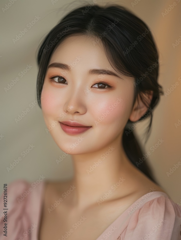 Pretty asian woman smiling softly. Portrait of a charming Asian woman with a gentle smile and soft, natural makeup. Pretty asian woman smiling softly. Portrait of a charming Asian woman with a gentle smile and soft, natural makeup.