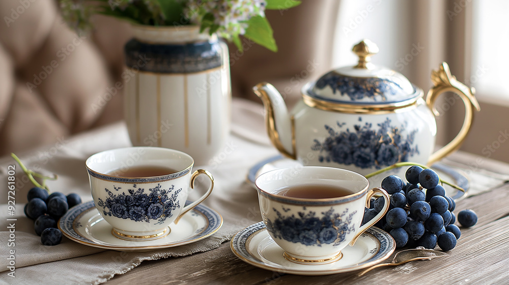 Elegant Porcelain Tea Set with Blue Floral Design and Golden Accents Elegant Porcelain Tea Set with Blue Floral Design and Golden Accents
