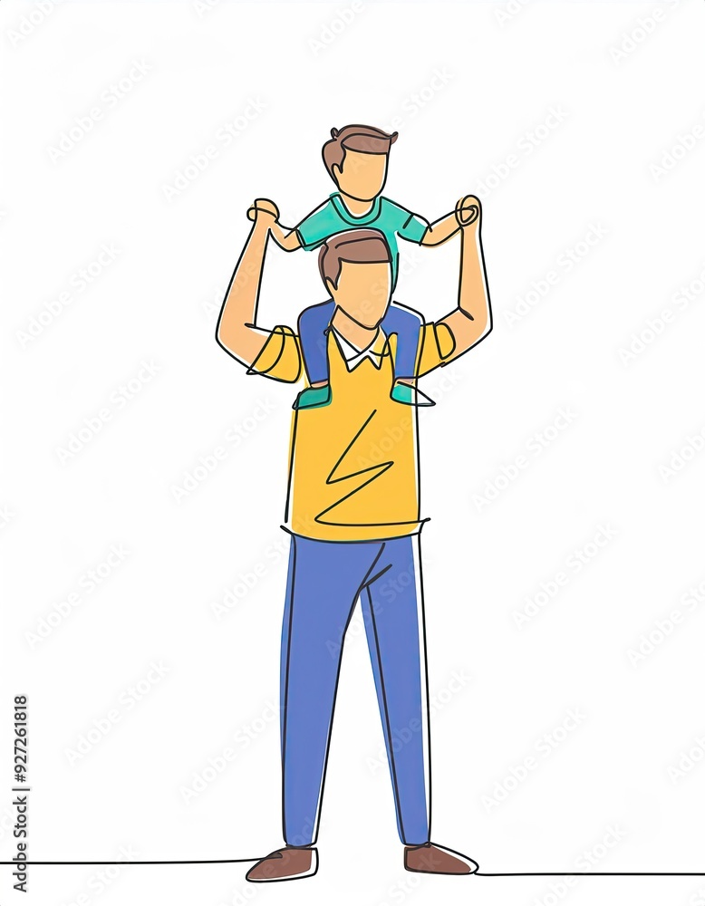 single line drawing of young happy father playing together and lifting his son on the shoulders single line drawing of young happy father playing together and lifting his son on the shoulders