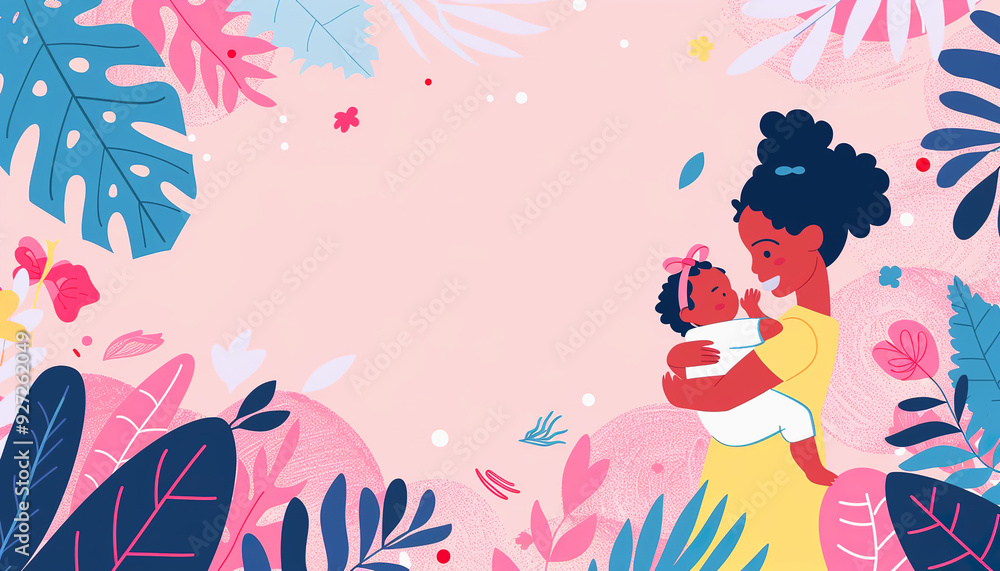 Fototapeta premium A mother holding her baby girl with a pink floral background.