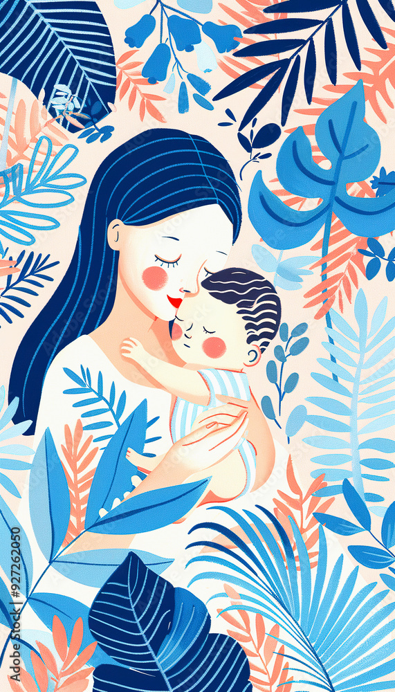 Mother and Child Embrace Surrounded by Lush Blue and Pink Foliage Mother and Child Embrace Surrounded by Lush Blue and Pink Foliage