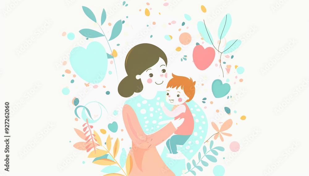 Mother Holding Her Child Surrounded by Hearts and Flowers Mother Holding Her Child Surrounded by Hearts and Flowers