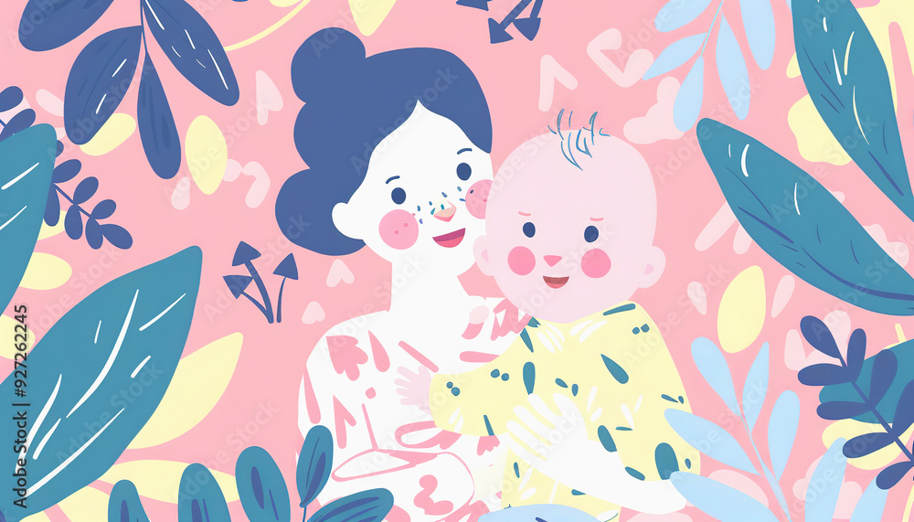A Mother Holding Her Baby Surrounded By Floral Motifs A Mother Holding Her Baby Surrounded By Floral Motifs