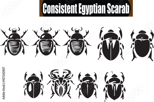 Consistent Egyptian Scarab Artistic Silhouette Elements in Black