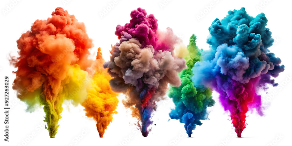 Set of colorful smoke explosions and blasts isolated on white background.AI GENERATED Set of colorful smoke explosions and blasts isolated on white background.AI GENERATED