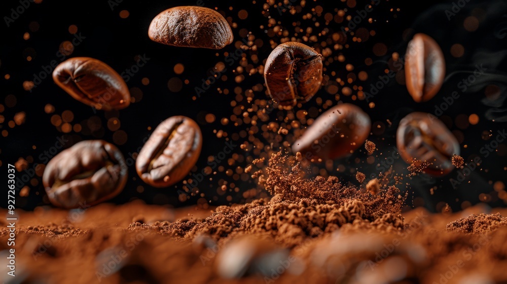 Coffee beans hover above freshly ground powder against a dark background, capturing the essence of brewing coffee Coffee beans hover above freshly ground powder against a dark background, capturing the essence of brewing coffee