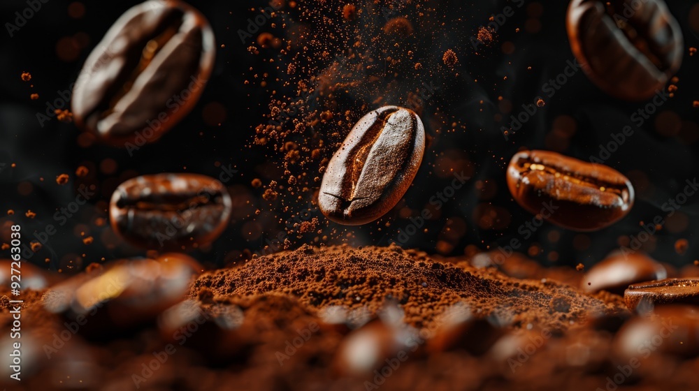 Coffee beans hover above freshly ground coffee in a captivating early morning light Coffee beans hover above freshly ground coffee in a captivating early morning light
