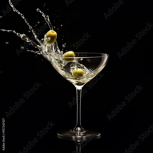Elegant and stylish martini glass with olives and splashing liquid isolated on a black background. Perfect for bars, restaurants, and other food and beverage concepts.