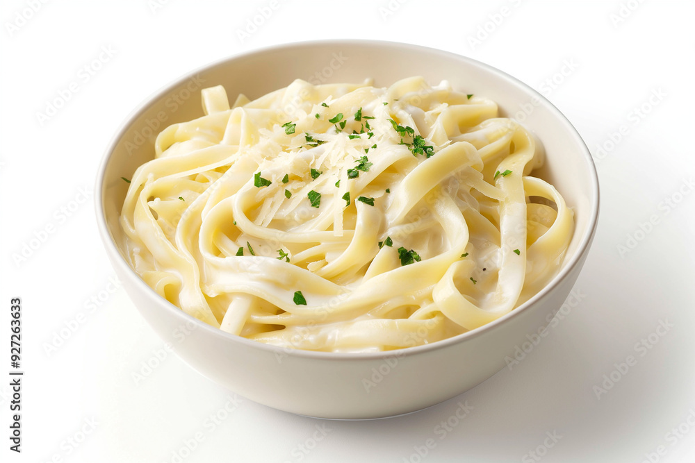 white bowl of fettuccine alfredo on white background white bowl of fettuccine alfredo on white background