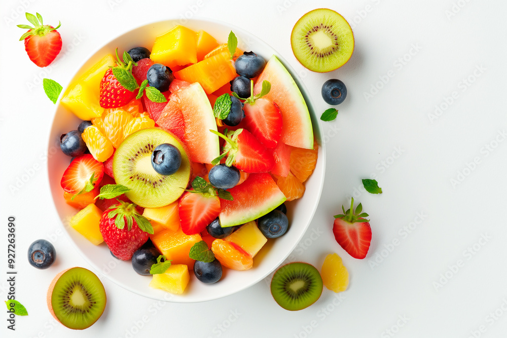 fruit salad in a white bowl on a white background fruit salad in a white bowl on a white background