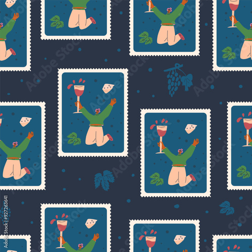 Wine lover postal stamp seamless pattern. Bento box repeat background with cute character with wineglass. Vector hand drawn flat illustration.