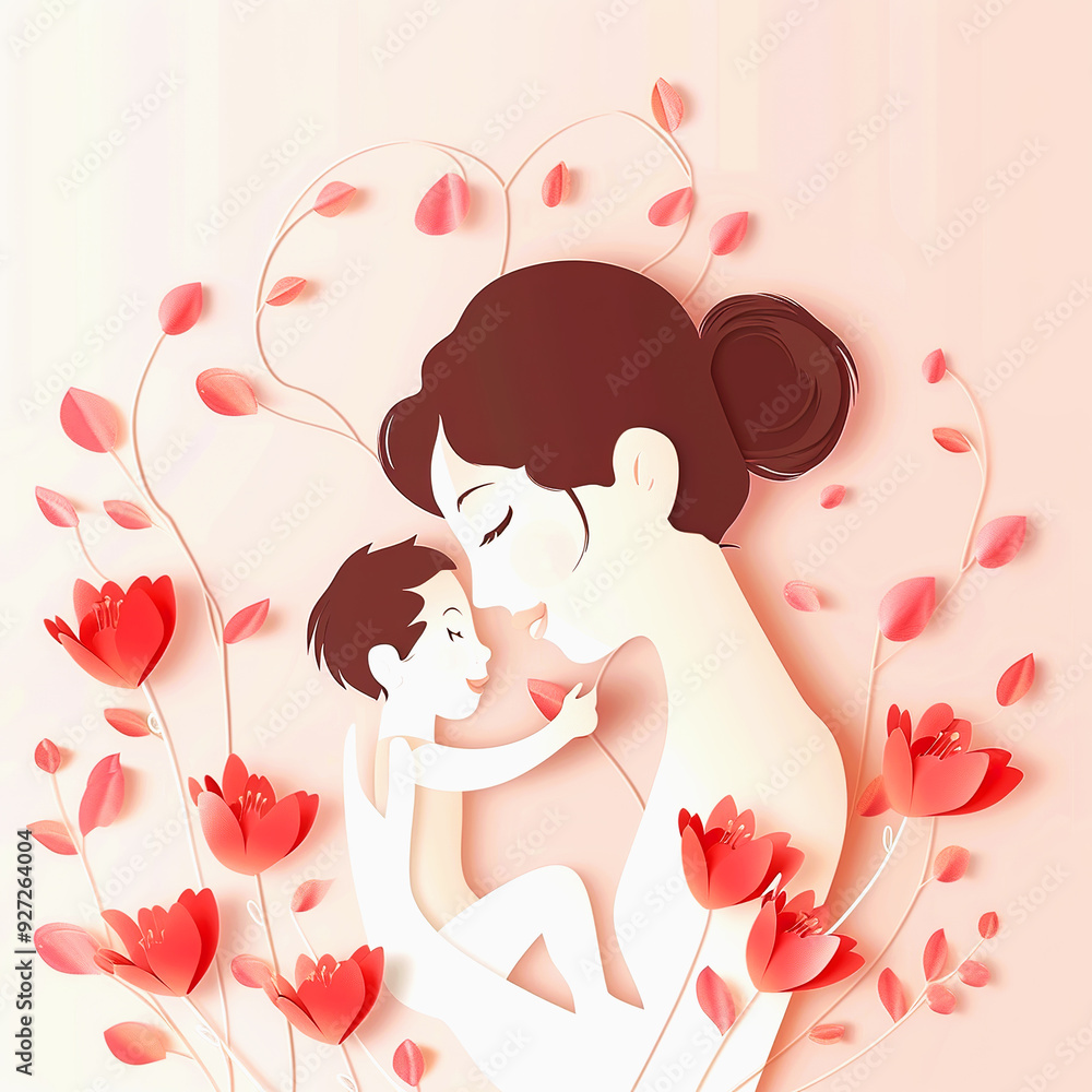 Mother and Child Embracing with Paper Flowers Mother and Child Embracing with Paper Flowers