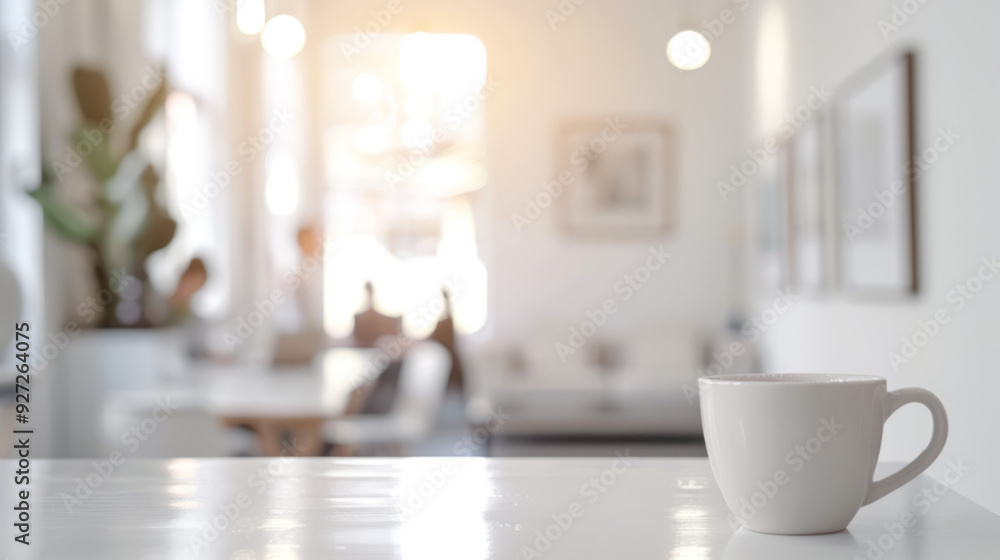 White mug on table in cafe. A white mug rests on a pristine table in a modern, bright cafe with a blurred background.