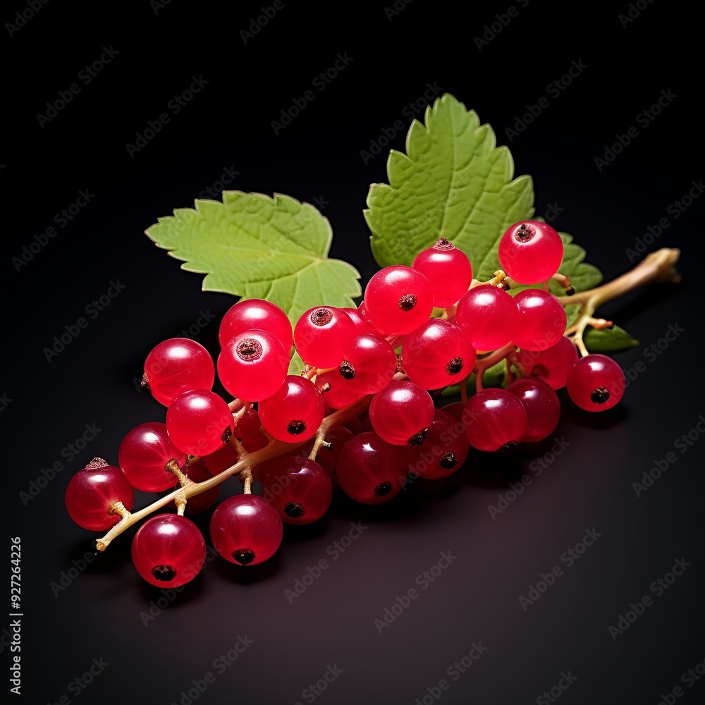 Close-up of fresh red currant berries with green leaves on black background. Ripe, juicy berries, deep green leaves, well-lit and in focus. Ideal for food ads or recipes. Close-up of fresh red currant berries with green leaves on black background. Ripe, juicy berries, deep green leaves, well-lit and in focus. Ideal for food ads or recipes.