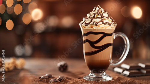 Luxurious mocha with whipped cream and chocolate drizzle