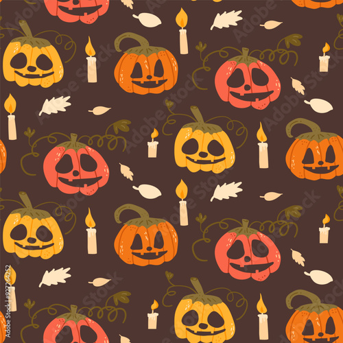 Halloween seamless pattern. All Hallows' Eve continuous background. Pumpkins repeat surface cover. Jack o lantern and candles and fall leaves. Vector hand drawn flat illustration.