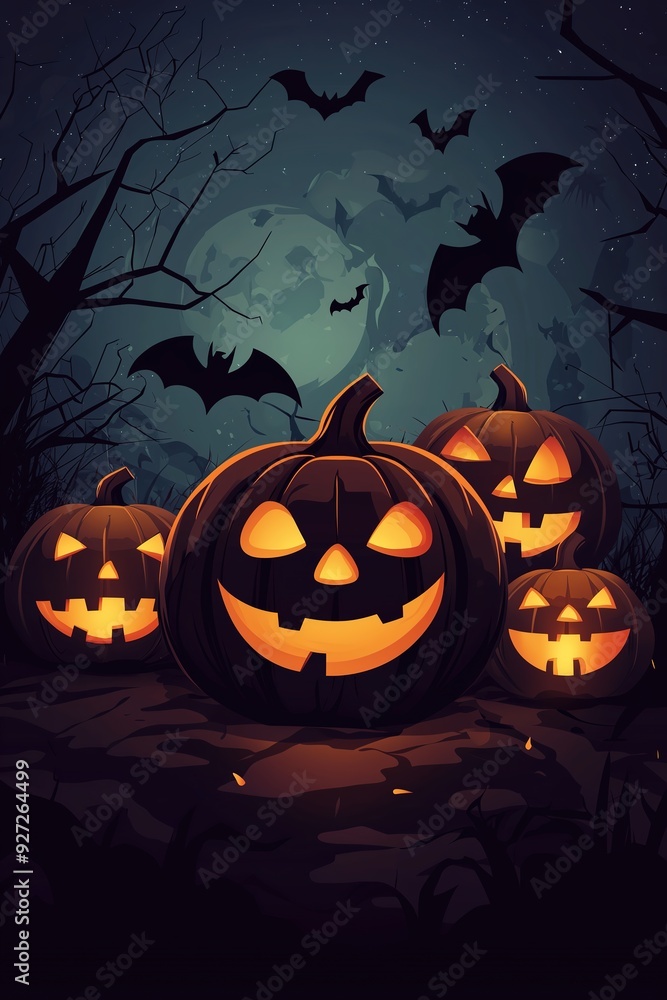 Spooky Jack O'Lanterns glowing on a dark, eerie night under a full moon with flying bats. Spooky Jack O'Lanterns glowing on a dark, eerie night under a full moon with flying bats.