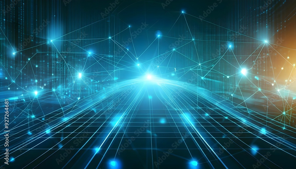 A futuristic digital network visualization showing glowing connections, data flow, and technology communication. A futuristic digital network visualization showing glowing connections, data flow, and technology communication.