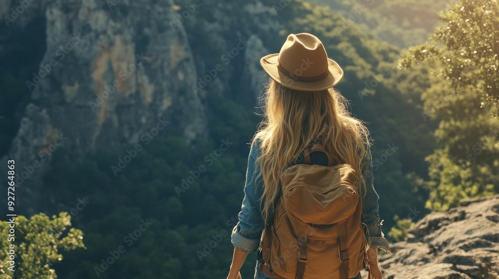 Hipster girl treks with backpack in nature Hipster girl treks with backpack in nature