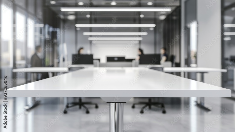 White table in modern office. Empty white table in a contemporary workspace, featuring blurred background of personnel working at workstations. White table in modern office. Empty white table in a contemporary workspace, featuring blurred background of personnel working at workstations.