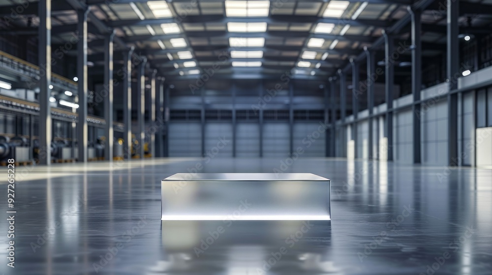 Shiny platform in empty warehouse. A reflective platform sits in the center of an empty warehouse, with a blurred background. Shiny platform in empty warehouse. A reflective platform sits in the center of an empty warehouse, with a blurred background.