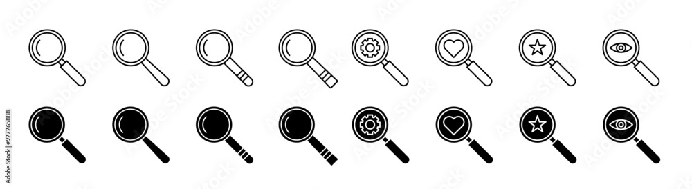 Magnifier glass icon set. magnify glass vector symbol. search tool button. Discovery or explore pictogram. loupe line icon pack. Magnifier glass icon set. magnify glass vector symbol. search tool button. Discovery or explore pictogram. loupe line icon pack.