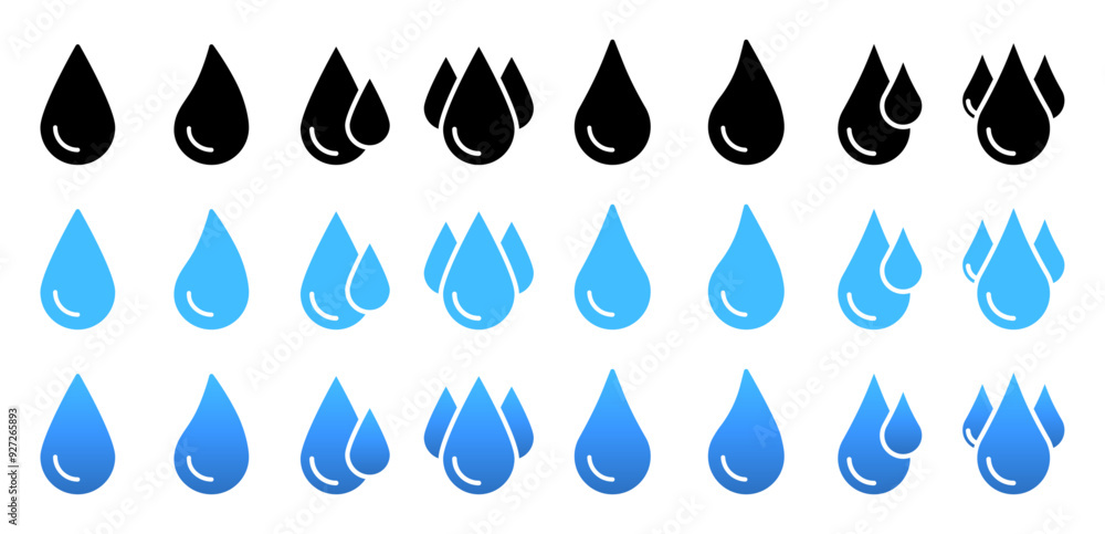 Water drop icon set. oil droplet vector symbol. rain water drip sign. Blood Drop icon. clean drinkable falling raindrop in black and blue colors Water drop icon set. oil droplet vector symbol. rain water drip sign. Blood Drop icon. clean drinkable falling raindrop in black and blue colors