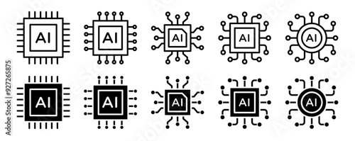 Ai chip icon set. computer microchip vector symbol. semiconductor micro chip hardware sign. robot brain artificial intelligence processor vector icons pack.
