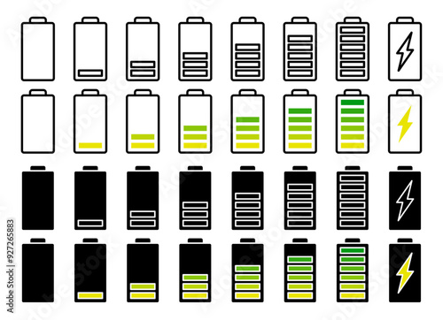 Battery icon set. 10%, to 50% and 100% accumulator electric battery vector symbol. recharge mobile battery status. fully charged, empty indicator.