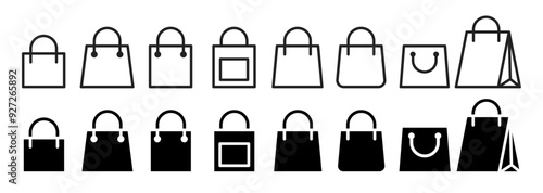 Bag icons set. sale shop paper bag vector symbol. mall or store merchandise gift bag icon pack. shop purchase bag symbol. 