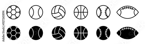 soccer, basketball, tennis, and rugby sport ball icon collection. beach volleyball game play ball icon set.