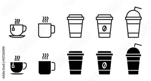 icons set of disposable paper or plastic cups. drink coffee or tea cup vector symbol. hot drink mug  with smoke sign.