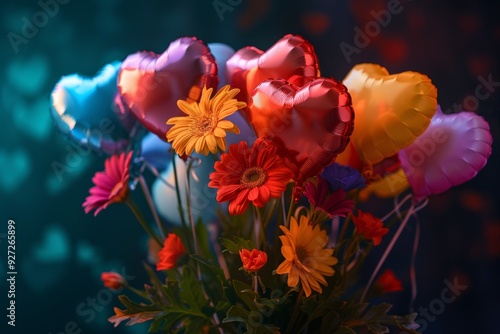 Wallpaper Mural Heart-shaped balloons complement a bouquet of colorful flowers in a cheerful and romantic atmosphere Torontodigital.ca