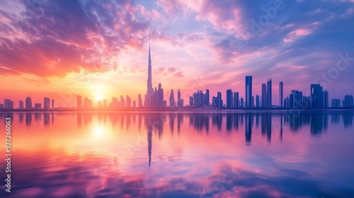 A stunning view of the Dubai skyline with warm pastel sunset clouds and its reflection glistening below.